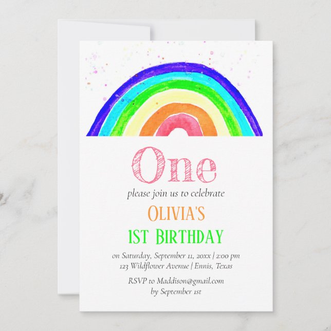 Convite Watercolor Rainbow Girly First Birthday (Frente)