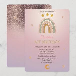 Convite Watercolor Rainbow Stars Hears Glitter Birday