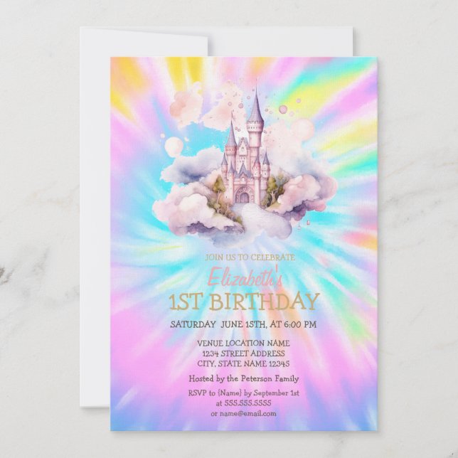 Convite Watercolor Rainbow Tie Dye Castle Birthday (Frente)