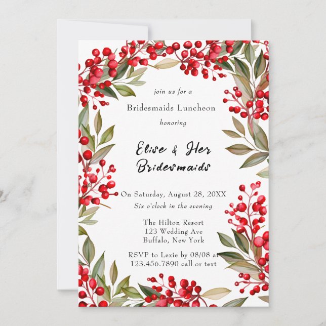 Convite Watercolor Red Berry Wreath Bridesmaids Luncheids (Frente)