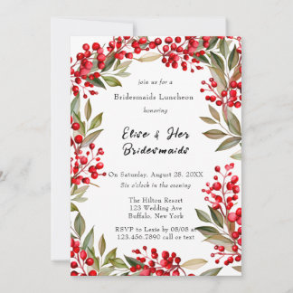 Convite Watercolor Red Berry Wreath Bridesmaids Luncheids