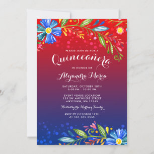 Convite Watercolor Red Blue Floral Fiesta Quinceanera