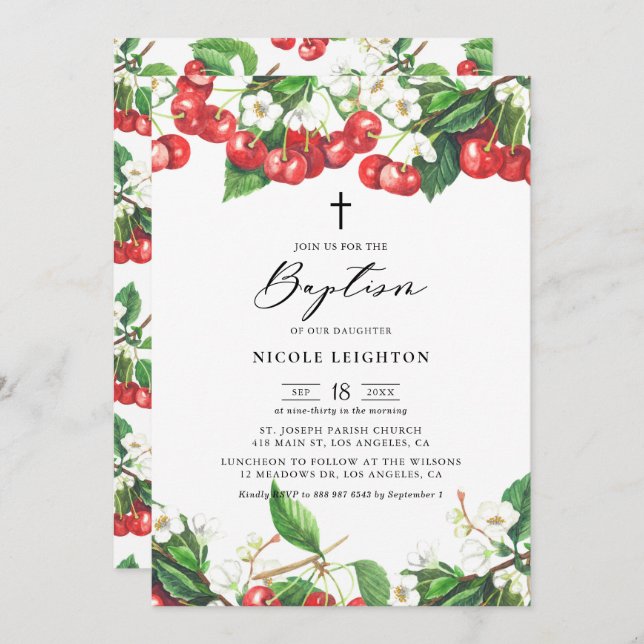 Convite Watercolor Red Cherries Garland Baptism (Frente/Verso)