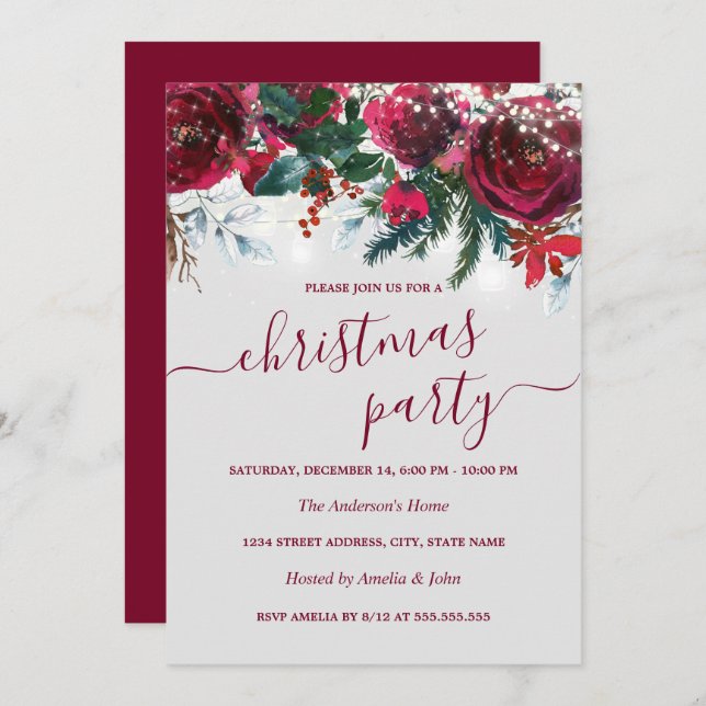 Convite Watercolor Red Floral Christmas Party (Frente/Verso)
