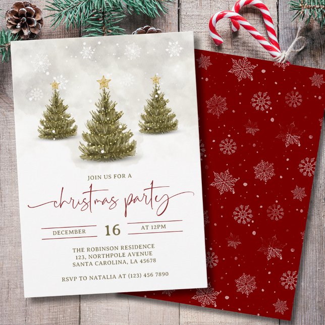 Convite Watercolor Red Green Pine Trees Christmas Party  (Criador carregado)