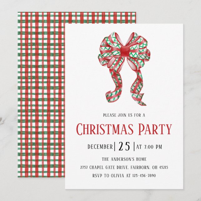 Convite Watercolor Red Green Plaid Bow Christmas Party  (Frente/Verso)