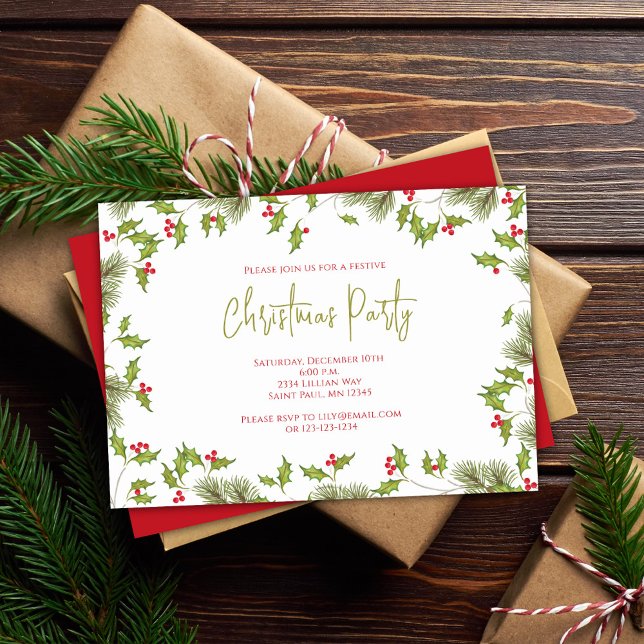 Convite Watercolor Red Holly Christmas Party Custom (Red and green holly berries and leaves custom Christmas party invitations.)