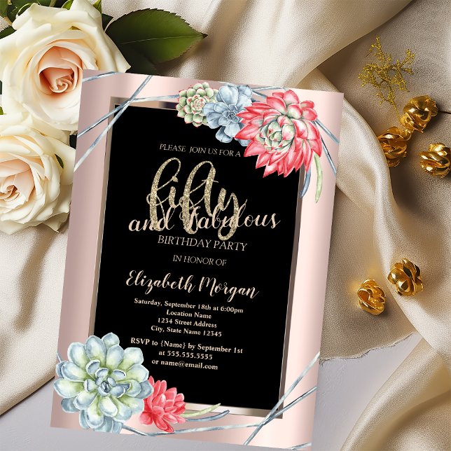 Convite Watercolor Red Succulents Rosa Dourado 50º Anivers (Criador carregado)