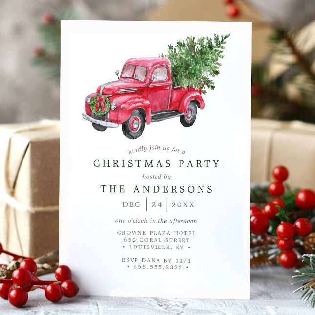 Convite Watercolor Red Truck Retro Christmas Party (Criador carregado)