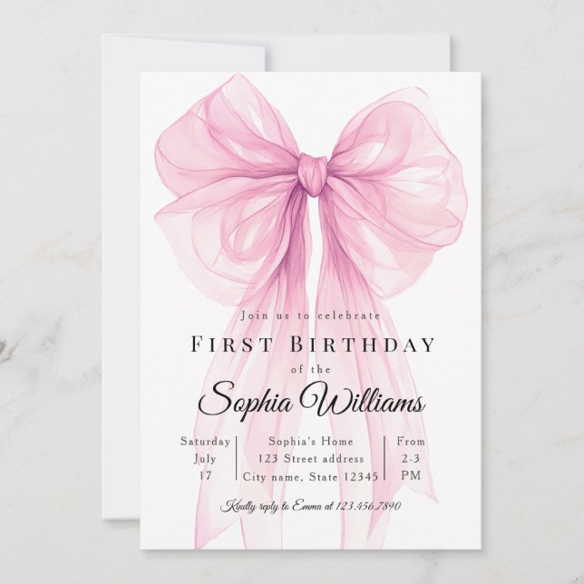 Convite Watercolor Ribbon Girl 1st Birthday Invite Templat (Frente)