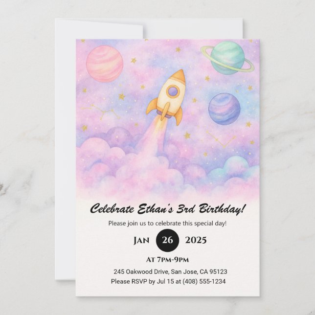 Convite Watercolor Rocket & Dreamy Galaxy Birthday  (Frente)