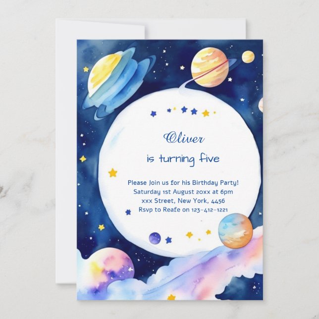 Convite Watercolor Rocket Galactic Birthday (Frente)