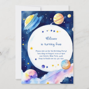Convite Watercolor Rocket Galactic Birthday