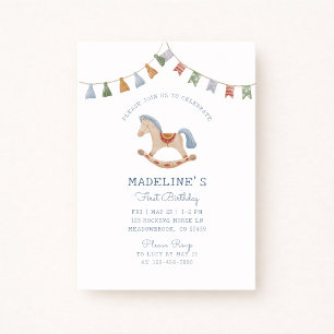 Convite Watercolor Rocking Horese, Aniversário