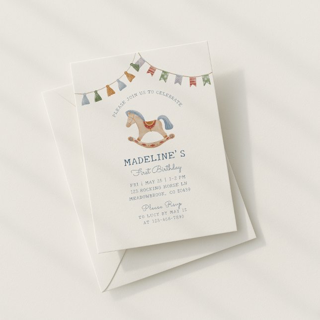 Convite Watercolor Rocking Horese, Aniversário (Criador carregado)