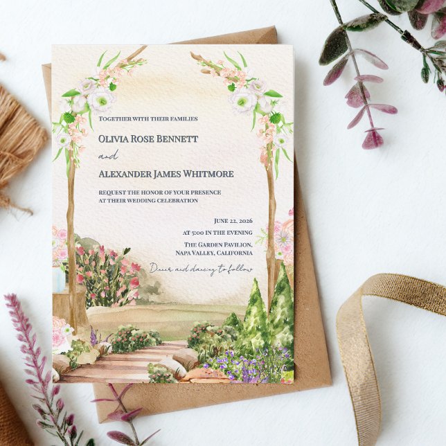 Convite Watercolor Romantic Garden Arch Outdoor Wedding  (Watercolor Garden Arch Wedding Invitation Romantic Outdoor Floral Wedding Invite)