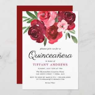 Convite Watercolor Rosa vermelha Quinceanera Invite Românt