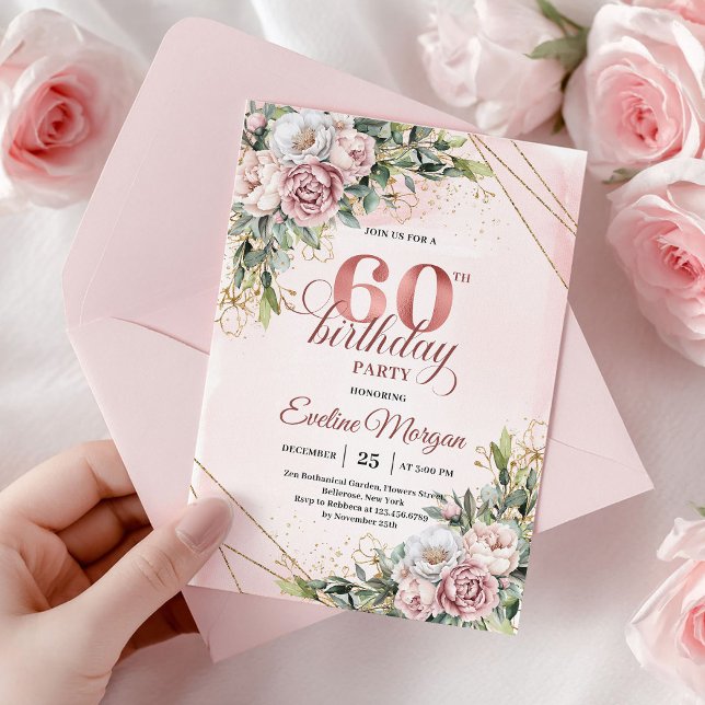 Convite Watercolor Rose Gold Eucalyptus 60th Birthday  (Watercolor Rose Gold Eucalyptus 60th Birthday Invite)