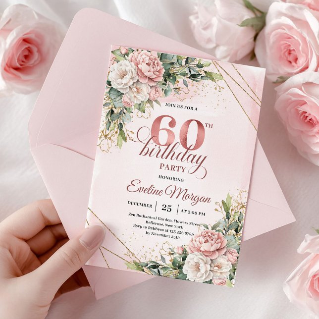 Convite Watercolor Rose Gold Flowers Dusty Pink 60th Birth (Watercolor Rose Gold Flowers Dusty Pink 60th Birthday)
