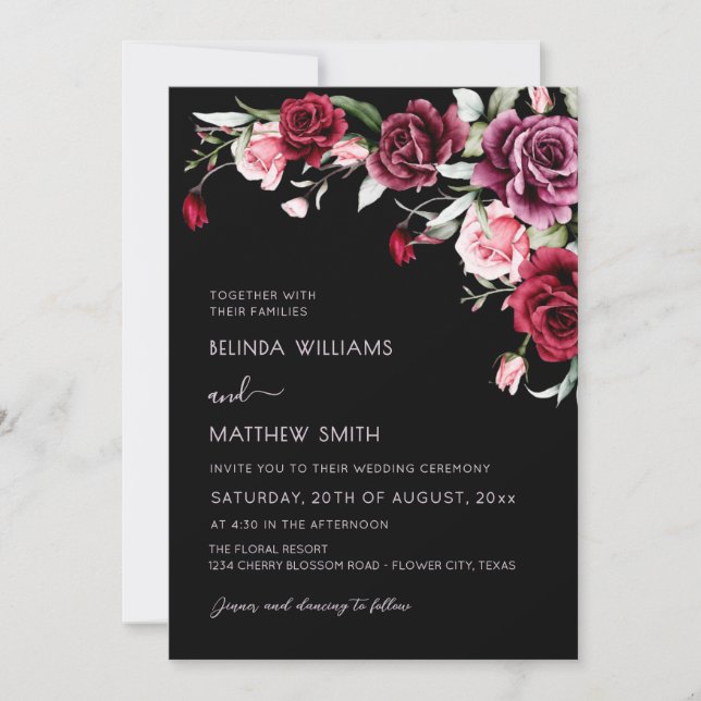 Convite Watercolor Roses Black Background | Photo Wedding (Frente)
