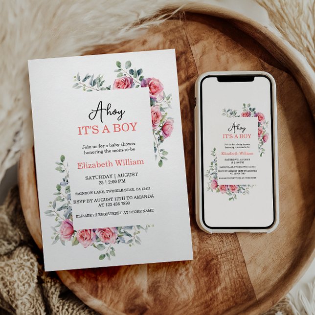 Convite Watercolor Roses & Eucalyptus Baby Shower (Criador carregado)