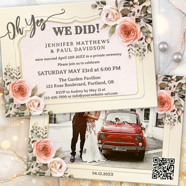 Convite Watercolor Roses Photo After Wedding (Boho chic after wedding party invitation featuring blush pink watercolor roses and your photo + QR)