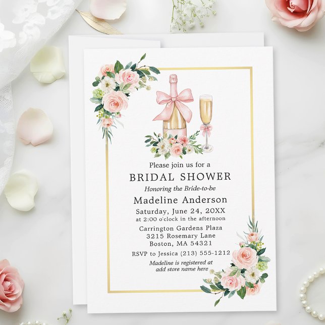 Convite Watercolor Roses Pink Bow Bridal Shower (Customize to add more text to back of card.)