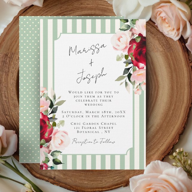 Convite Watercolor Roses Preppy Chic Spring Summer Wedding (Modern Chic Garden Floral Wedding Invitation)