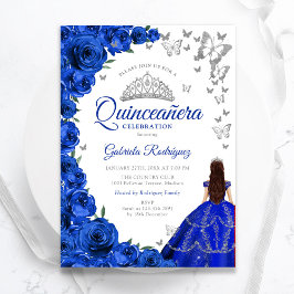 Convite Watercolor Royal Blue Rosas Floral Quinceanera