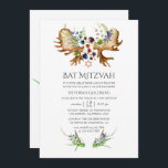 Convite Watercolor Rustic Forest Bat Mitzvah<br><div class="desc">Trendy willland bat mitzvah convite com buquês pintados à mão de aquarelas - mirtilo,  amora negra e alperce,  pínus,  samambas,  penas,  penas e chifres de alce.</div>