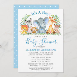 Convite Watercolor Safari Animais Bolinhas Chá Azul