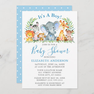 Convite Watercolor Safari Animais Bolinhas Chá Azul