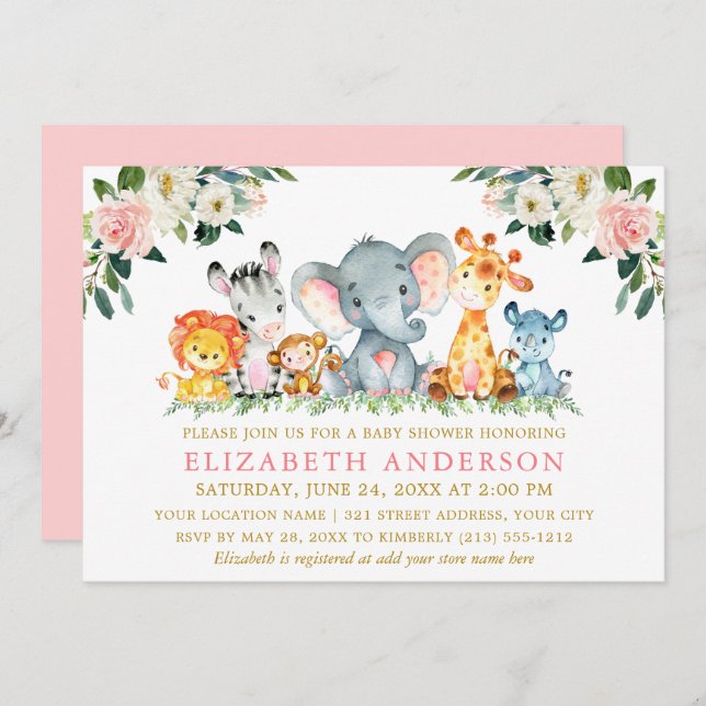 Convite Watercolor Safari Animais Rosa Dourados Flóridos (Frente/Verso)