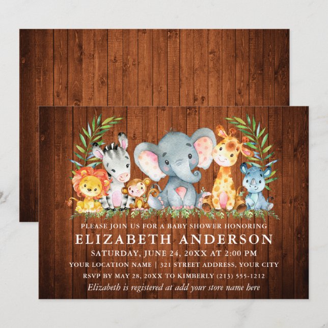 Convite Watercolor Safari Animal Wood Girl Chá de fraldas (Frente/Verso)