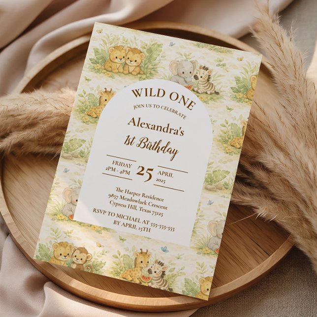 Convite Watercolor Safari Animals First Birthday (Criador carregado)