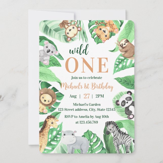 Convite Watercolor Safari Animals Wild One 1st Birthday (Frente)