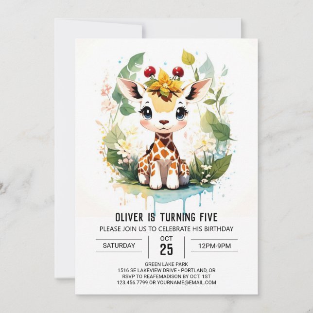 Convite Watercolor Safari Journey Giraffe Birthday (Frente)