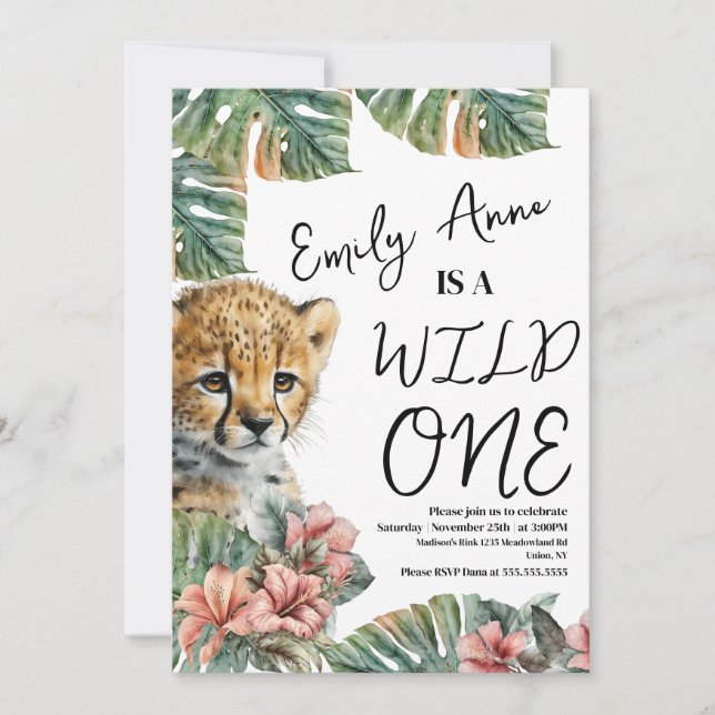 Convite Watercolor Safari Wild One Baby Animal Birthday B (Frente)