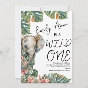 Convite Watercolor Safari Wild One Baby Elephant Aniversár
