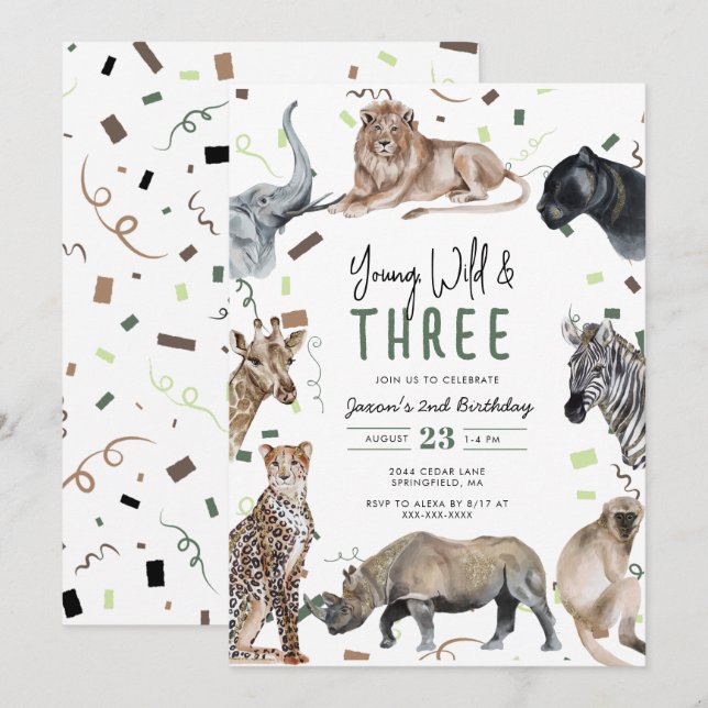 Convite Watercolor Safari Young Wild & Three Birthday (Frente/Verso)
