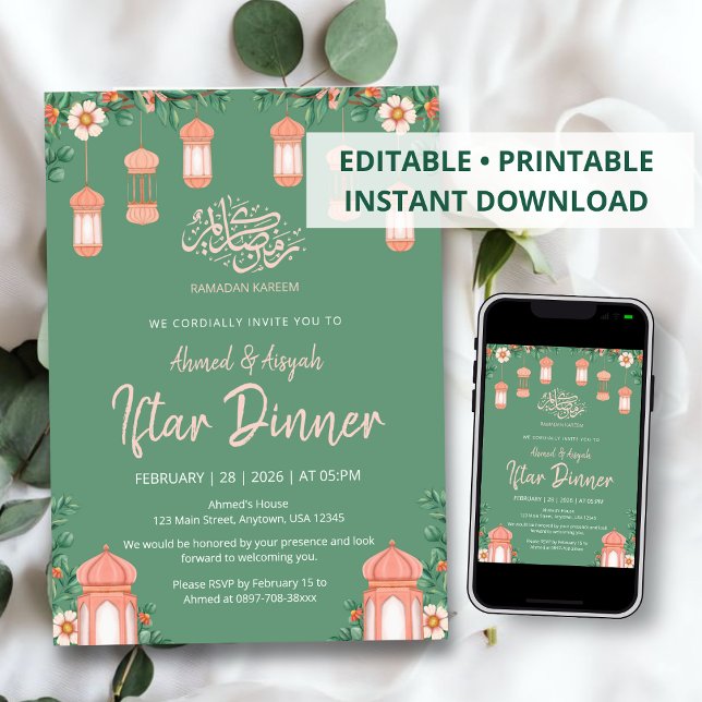 Convite Watercolor Sage Green & Pink Lanterns Iftar (Criador carregado)