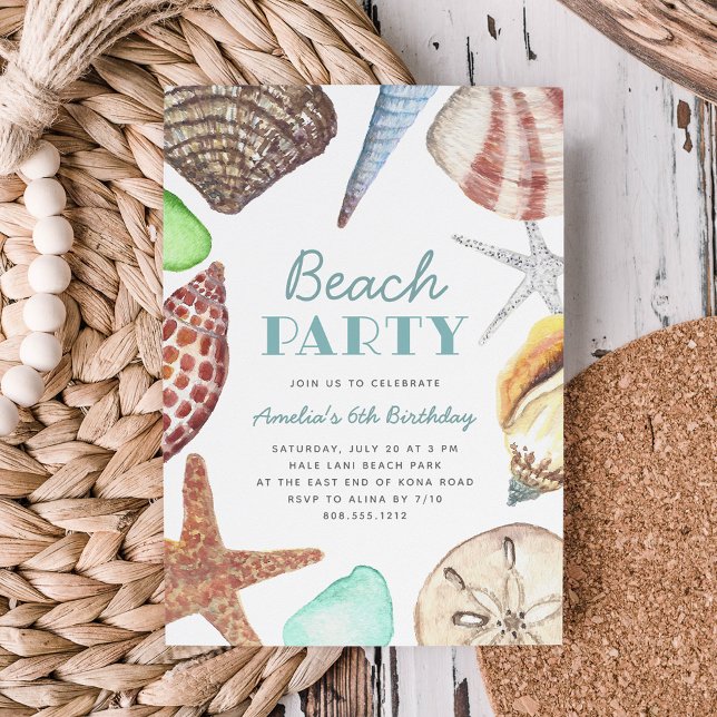Convite Watercolor Seashell Kids Beach Birthday Party (Criador carregado)
