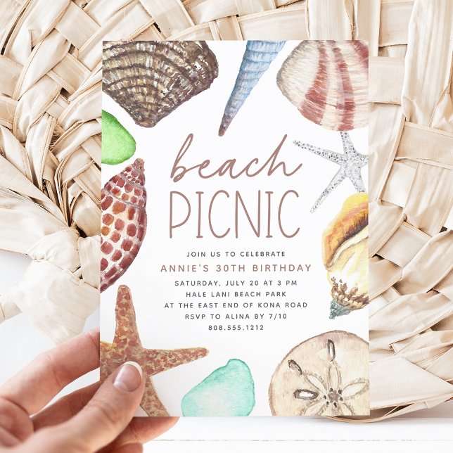 Convite Watercolor Seashell Qualquer Picnic Occasion Beach (Criador carregado)