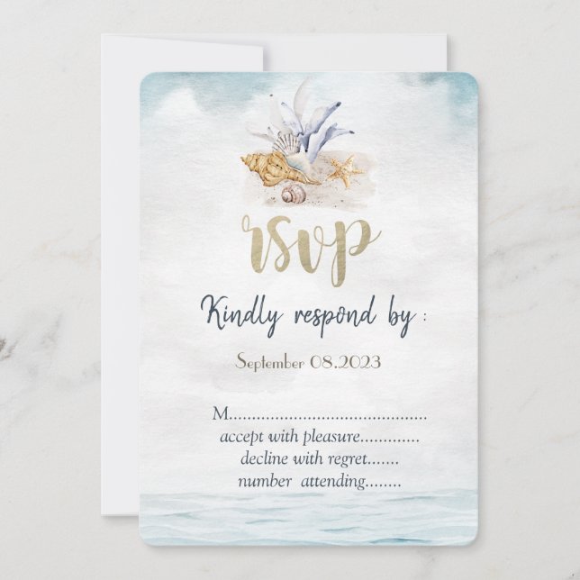 Convite Watercolor Seashells,Sea Wedding RSVP (Frente)