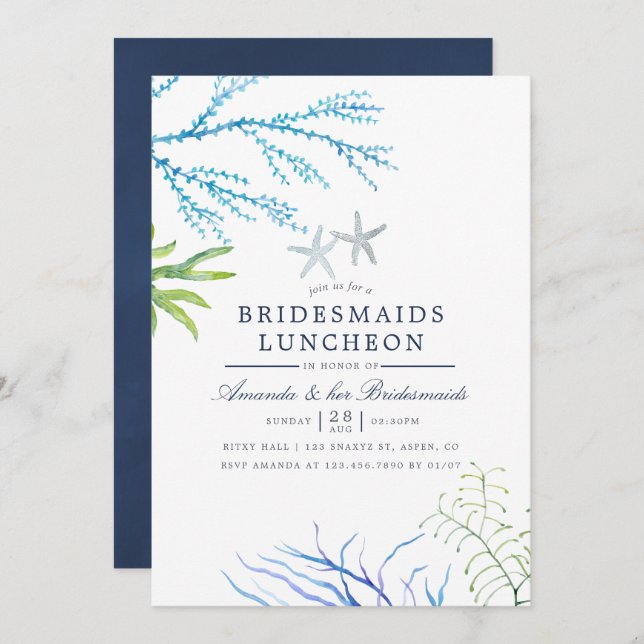 Convite Watercolor Seaweed Beach Bridesmaids Luncheon (Frente/Verso)