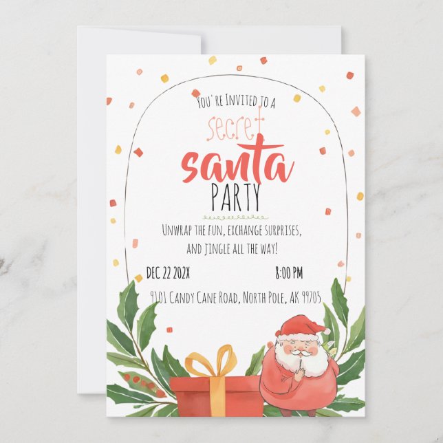 Convite Watercolor Secret Santa Christmas Party  (Frente)