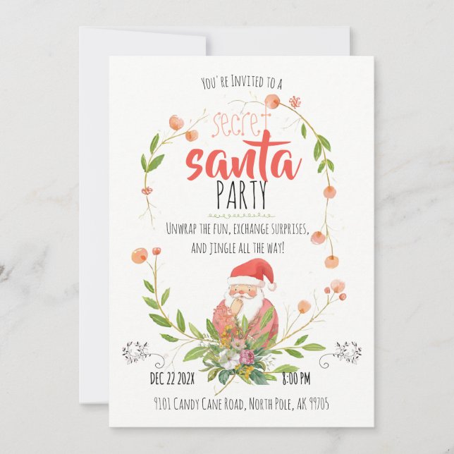 Convite Watercolor Secret Santa Wreath Christmas  (Frente)