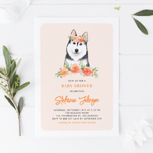 Convite Watercolor Siberian Husky Peach Floral Chá de fra