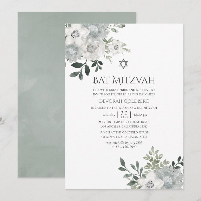 Convite Watercolor Silver Sage Floral Bat Mitzvah (Frente/Verso)