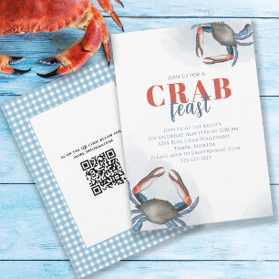 Convite Watercolor Simple Blue Crab Feast Party QR Code